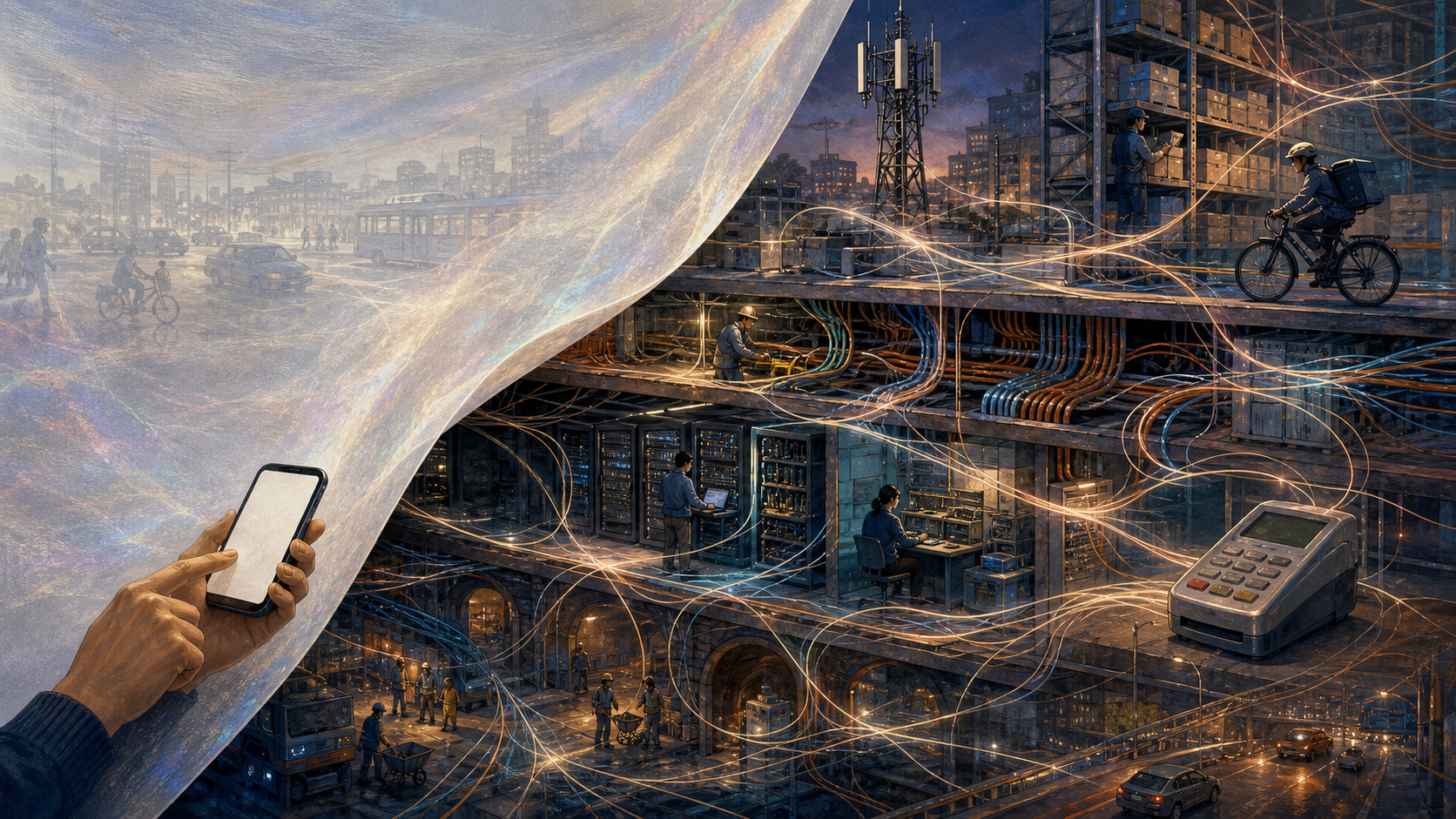 A hand uses an unbranded phone in front of a layered network of cables, servers, roads, warehouses, delivery workers, and payment infrastructure.