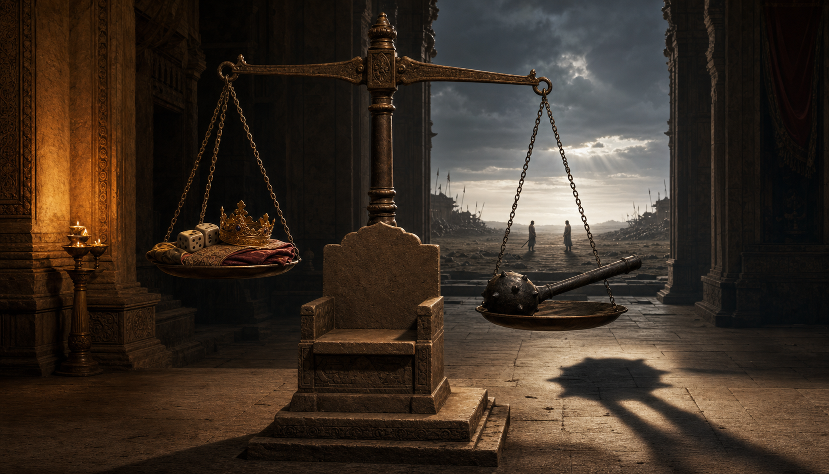 A bronze balance holds dice, a crown, and folded cloth opposite a mace in a palace corridor that opens toward a distant battlefield.