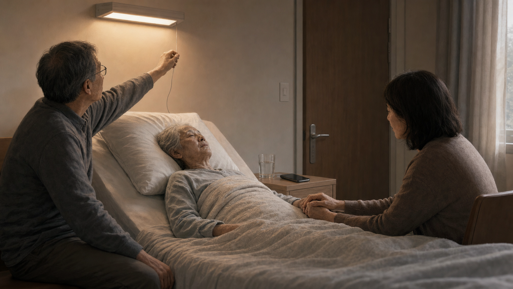 Two relatives quietly support a tired older person in an uncluttered, softly lit bedroom with a phone set aside.
