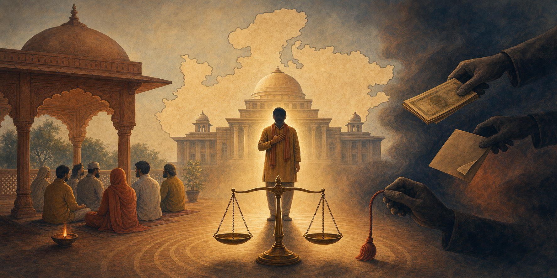 Editorial illustration of a person representing freedom of conscience between a peaceful prayer gathering and symbolic signs of inducement, concealment, and coercion, framed by balanced scales.