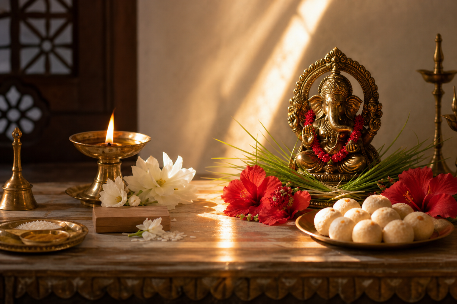 A puja altar transitions from a simple flower and lamp arrangement to a Ganesha shrine with durva grass, red flowers, and sweets.