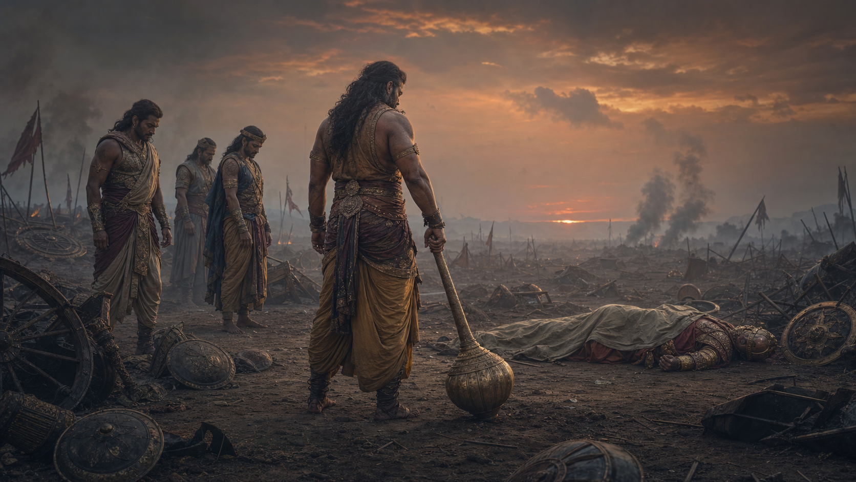 Bhima stands with his mace lowered on a dusky battlefield as a fallen warrior in crimson armor lies covered nearby and other warriors watch uneasily.