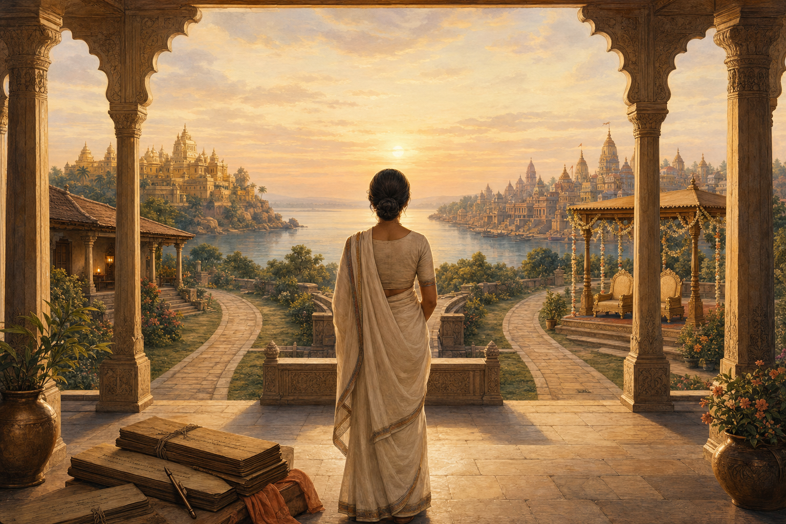 A widow stands between two paths in a pavilion, with symbolic views of Lanka and Ayodhya and palm-leaf manuscripts nearby.