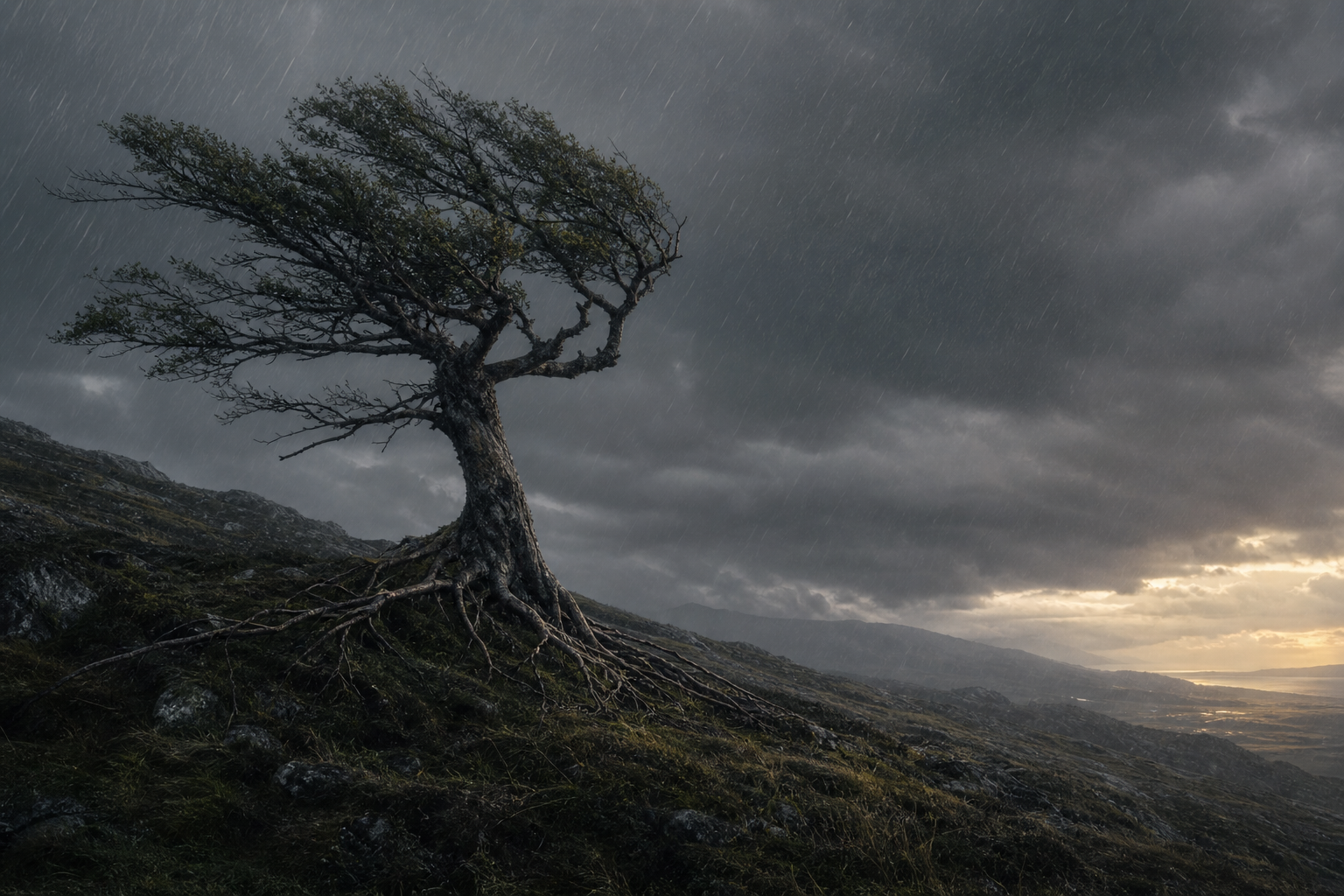 A weathered tree bends in rain on a dark hillside as soft light breaks through clouds in the distance.