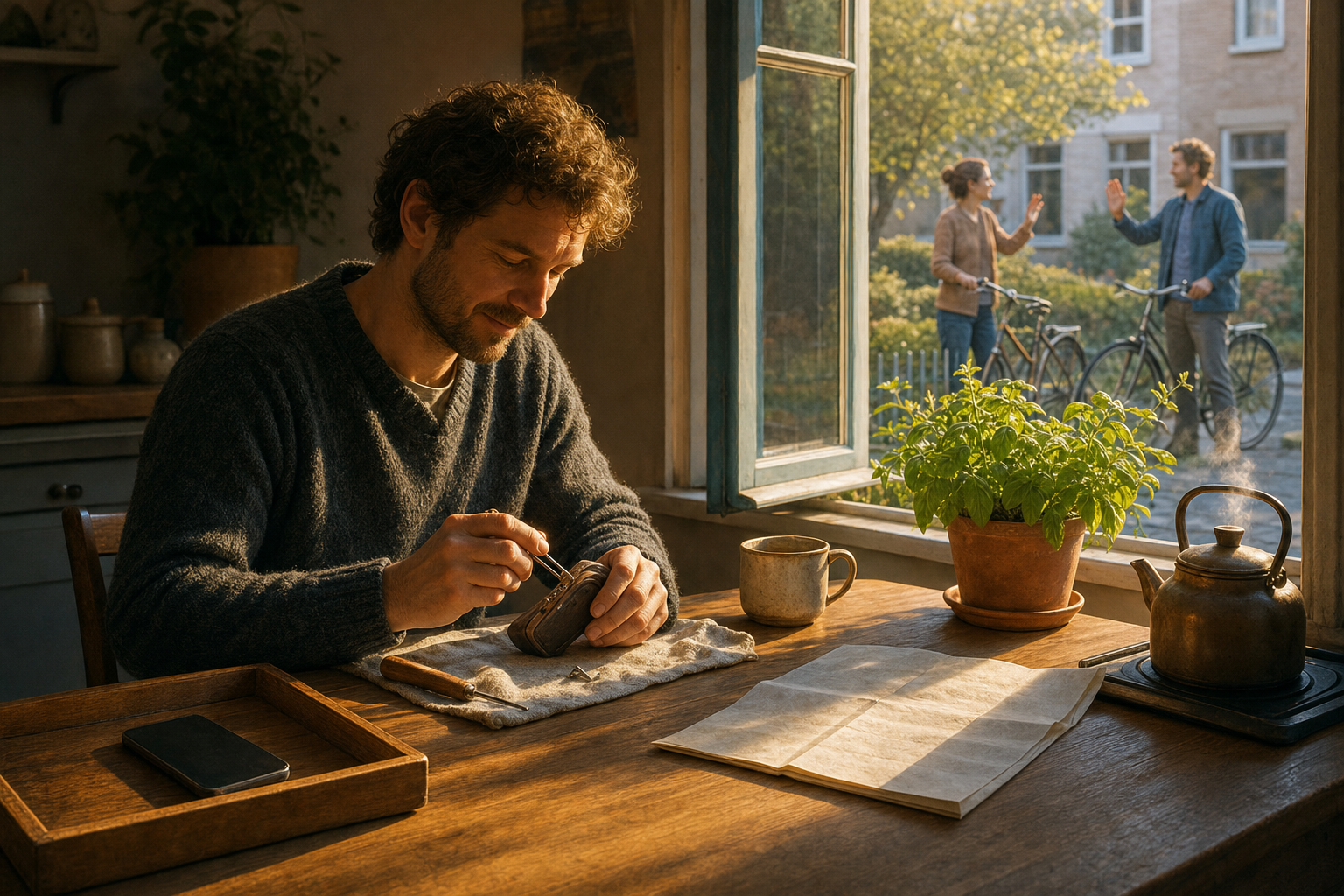 A person repairs a household object at a sunlit table while a phone rests face down near a kettle, folded map, herb pot, and open window.