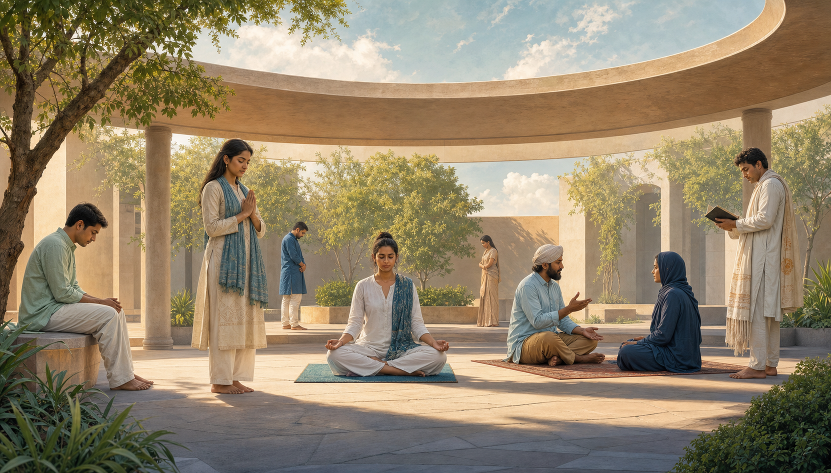 A diverse group of adults freely praying, meditating, reflecting, and discussing faith beneath a protective circular canopy in a civic courtyard.