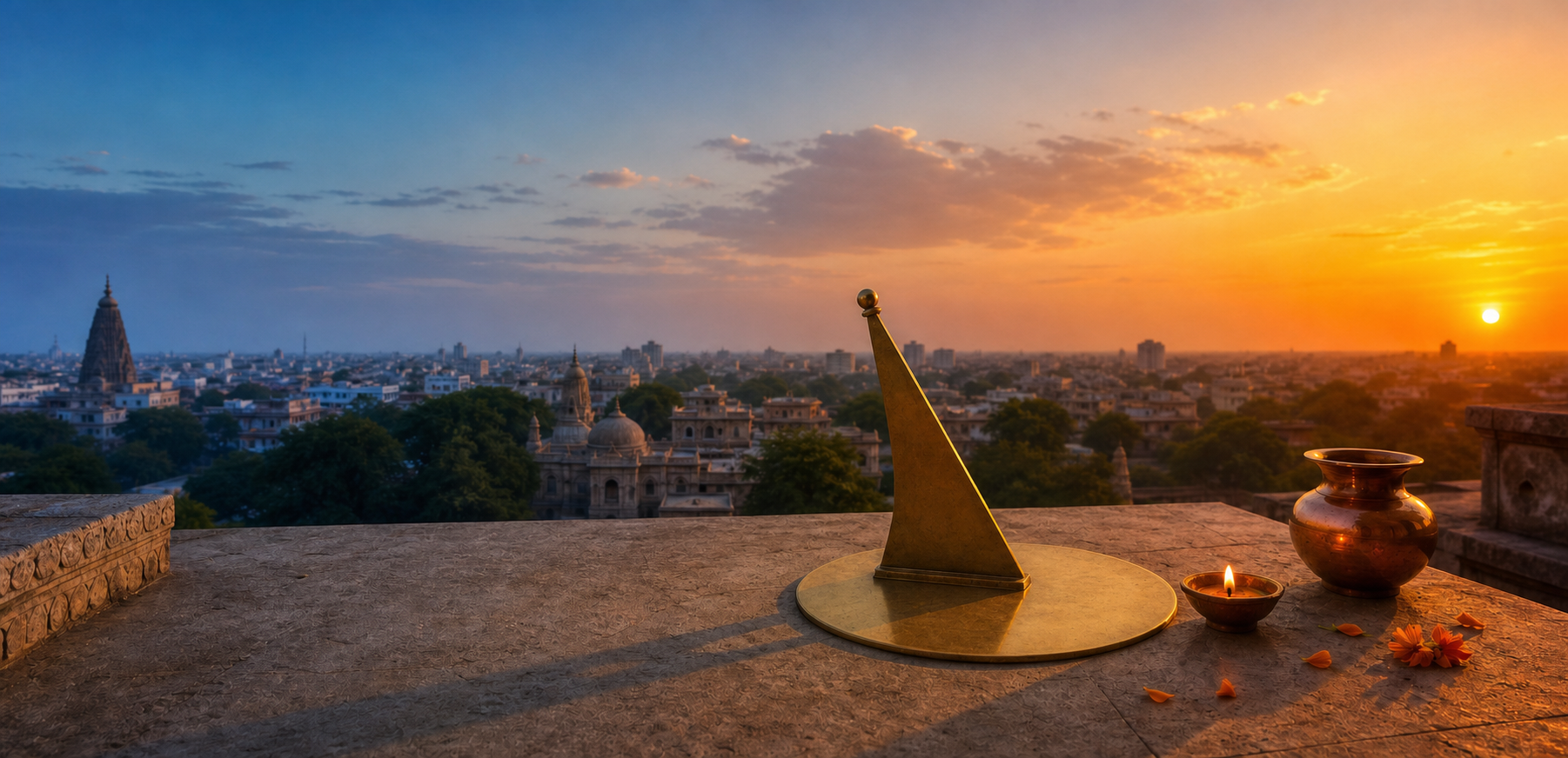 A brass gnomon, lamp, and copper vessel overlook a generic Indian city as the sky shifts from dawn to daylight and sunset.