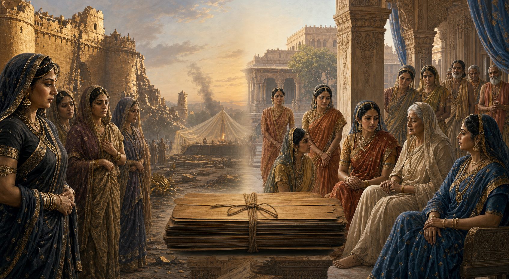 Parallel scenes show royal women mourning in postwar Lanka and gathering solemnly in an Ayodhya palace, joined visually by palm-leaf manuscripts.