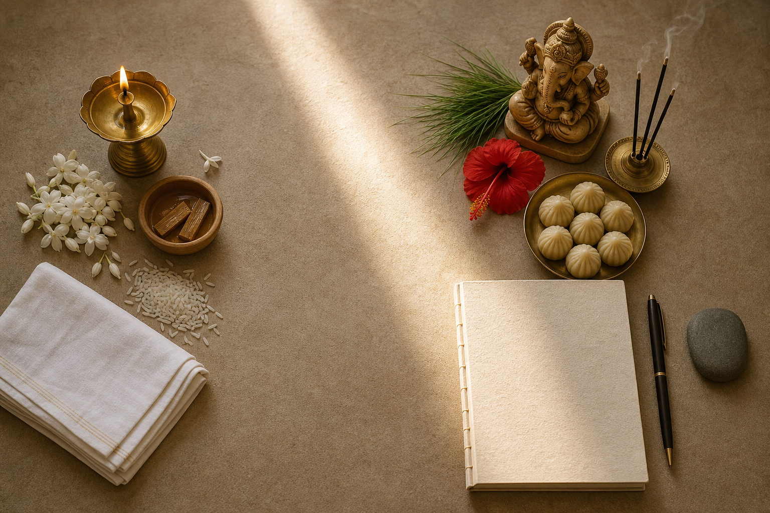 An overhead arrangement shows morning puja items, a sunlit transition space, Ganesha offerings, and a blank notebook with a pen.