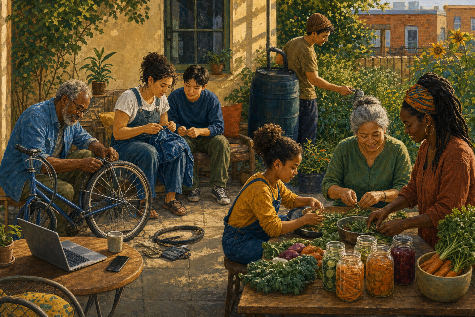 A multigenerational group in a courtyard repairs a bicycle, mends fabric, prepares food, fills jars, and tends a small garden together.