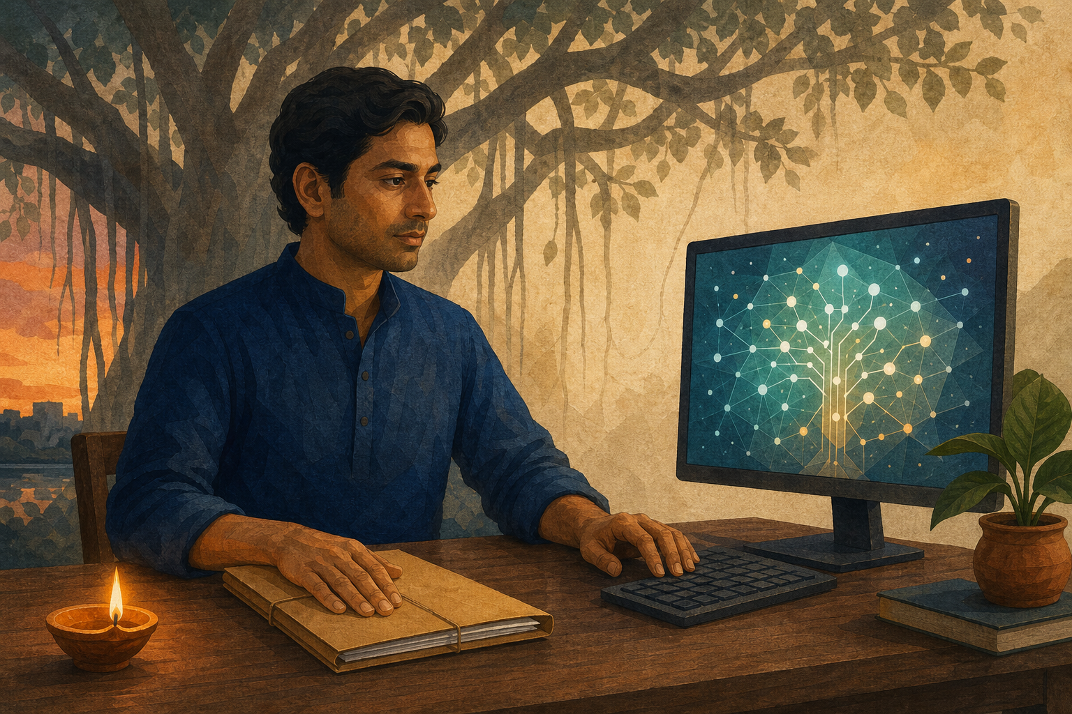 An adult pauses at a wooden desk beside a glowing abstract AI interface, a closed folder, and a lit clay oil lamp under the shadow of a banyan tree.