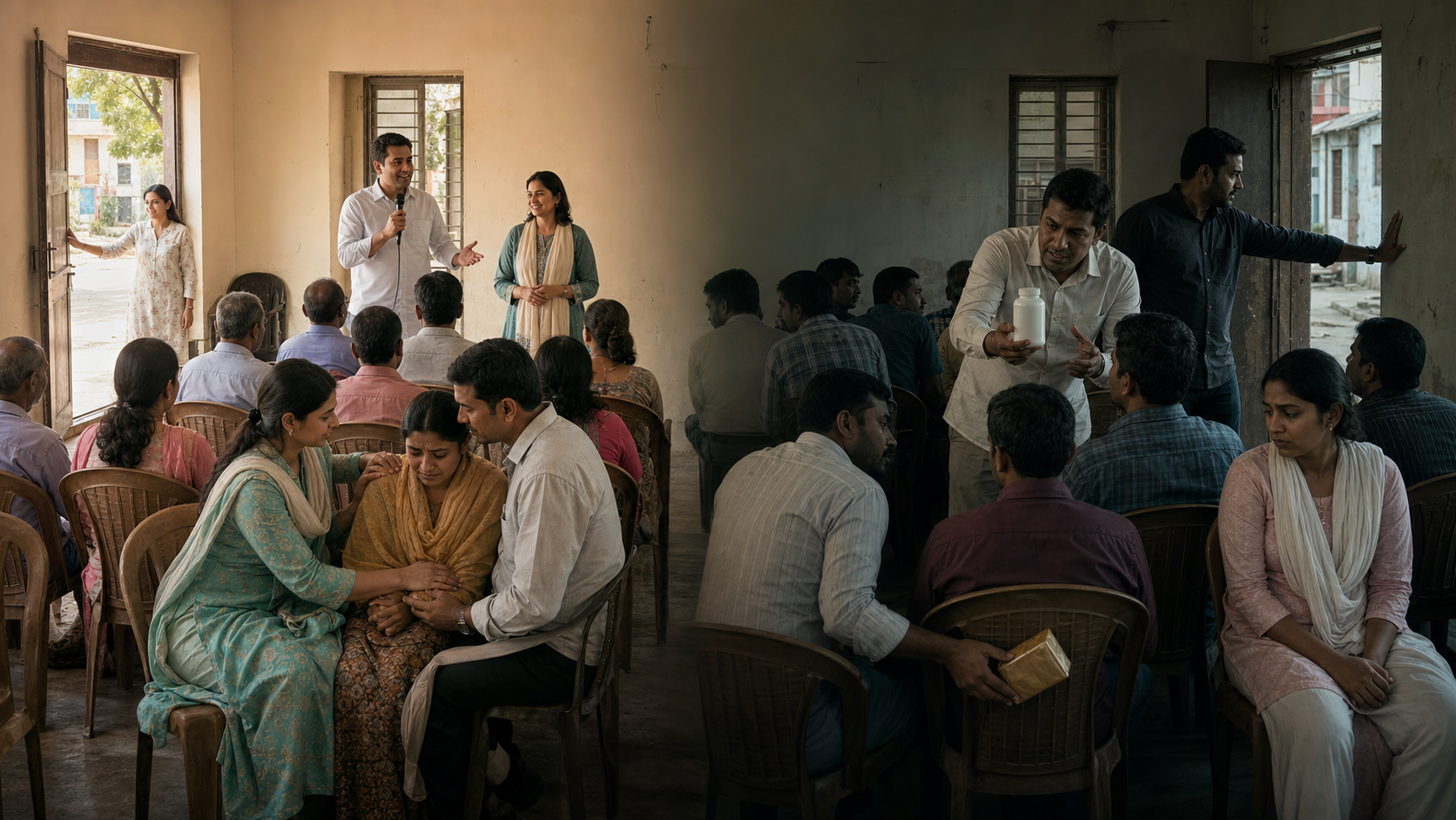 A divided illustration of a community prayer gathering, contrasting voluntary attendance and an open exit with concealed gifts, a blocked doorway, and a supposed guaranteed cure.