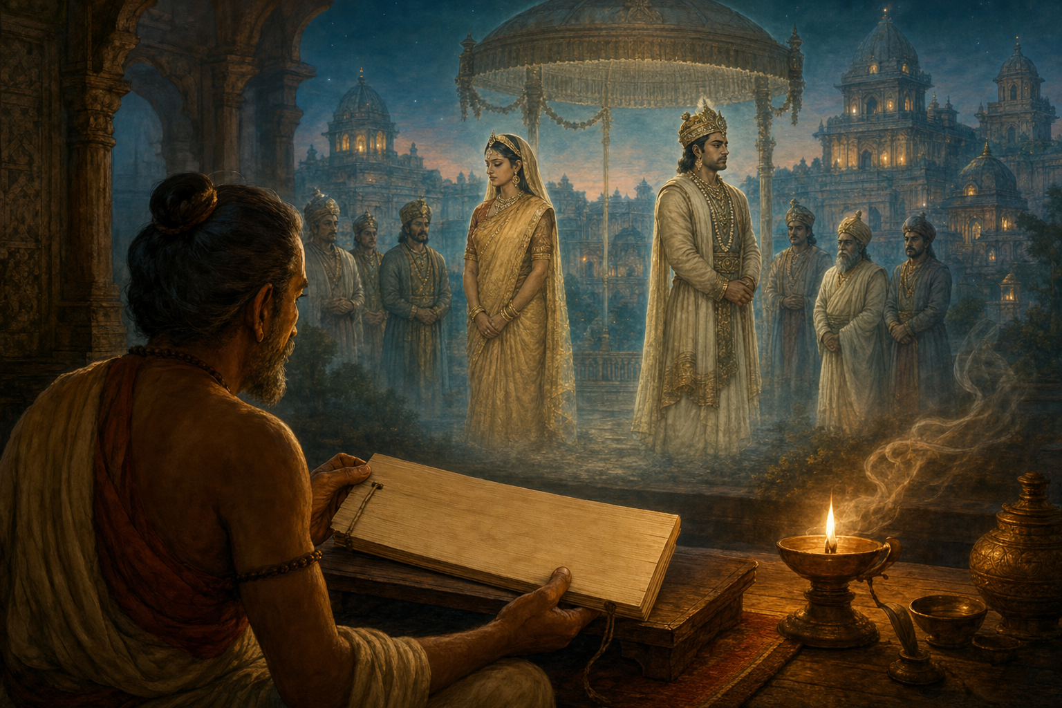 A storyteller with a palm-leaf manuscript imagines a solemn ceremonial gathering with Mandodari and Vibhishana in rebuilt Lanka.
