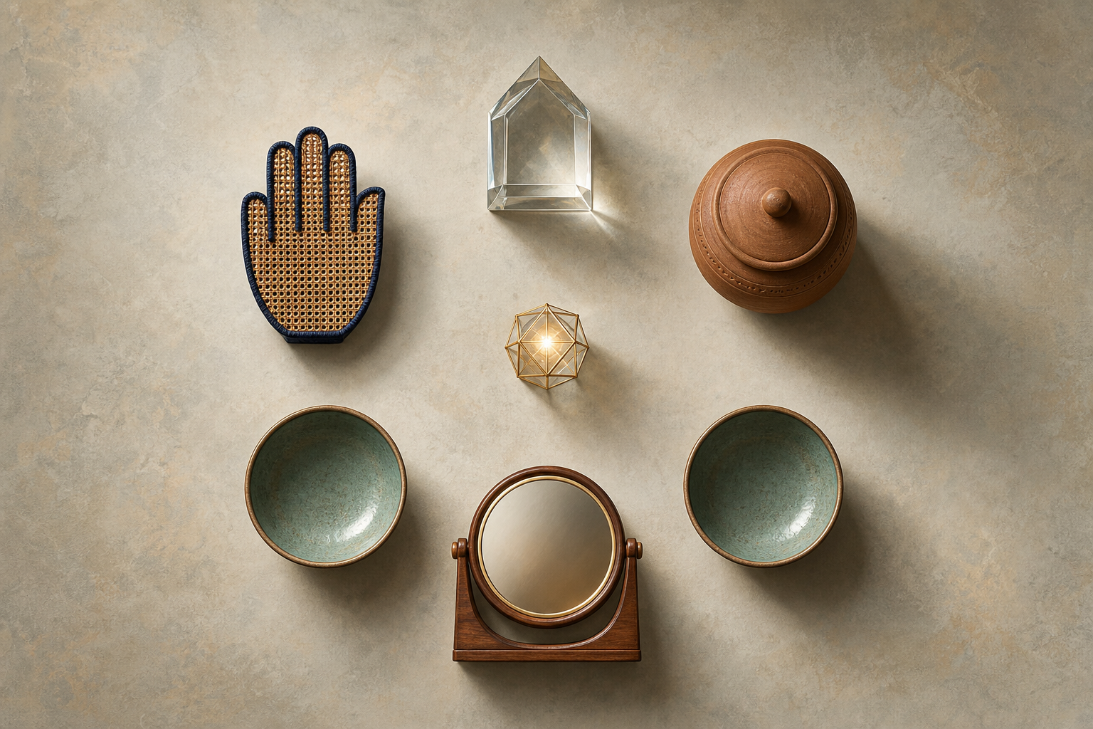 Five symbolic objects surround a small geometric light: a prism, a protective hand-shaped screen, a lidded vessel, balanced bowls, and a mirror.