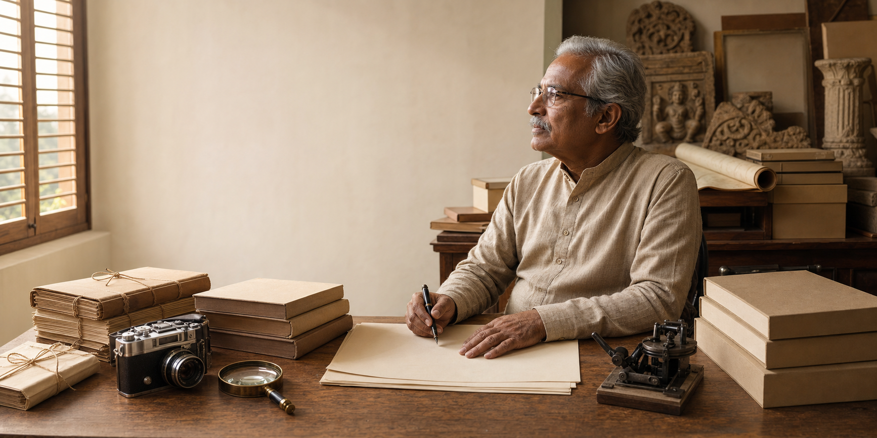 An elderly South Indian scholar-editor sits at a wooden desk with a camera, pen, closed books, archival bundles, and cultural artifacts in a warmly lit study.