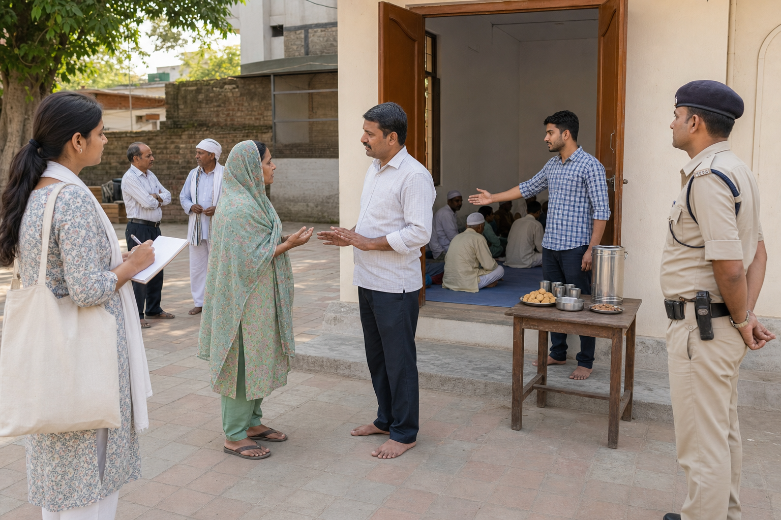 An attendee, organizer, reporter, and police officer behave calmly and transparently outside a community religious gathering with an open doorway.