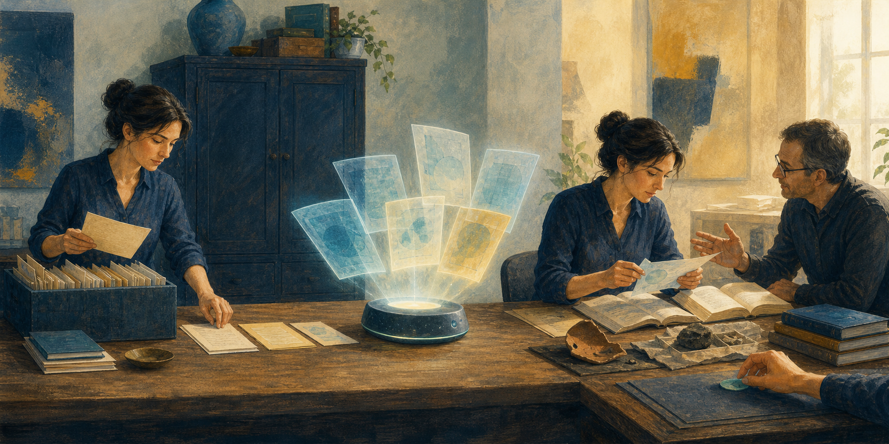 A researcher selects limited source materials, reviews abstract AI outputs, and checks a result against books, evidence, and another person before making a decision.