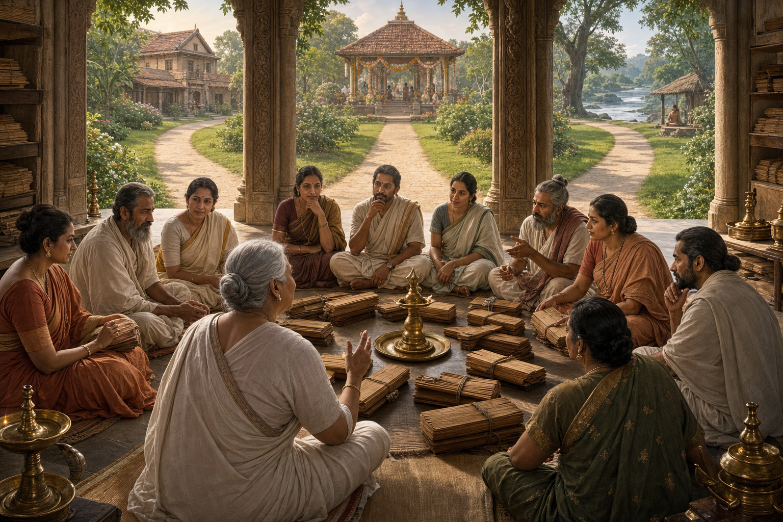 A widow participates in a manuscript consultation while three equally lit paths lead toward a home, a marriage pavilion, and a riverside hermitage.
