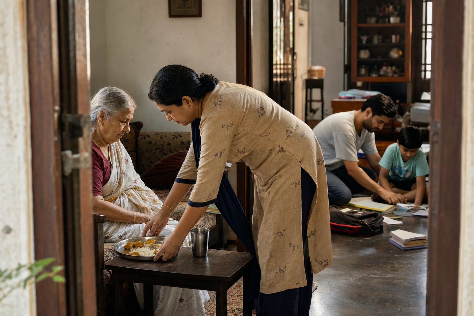 Family members quietly serve a meal to an older relative and help a child organize school materials in a sunlit home.
