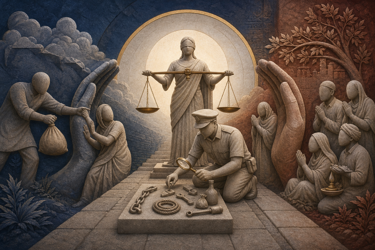 A judicial figure and police officer weigh evidence on a balanced path between protecting a person from coercion and safeguarding peaceful worshippers from unfair suspicion.