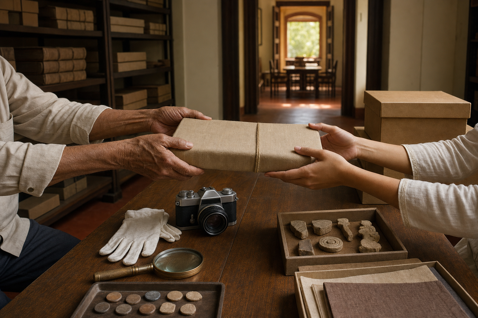 An older archivist passes a cloth-wrapped volume to a younger researcher across a library table holding preservation tools and cultural objects.