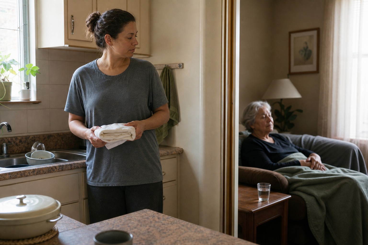 An adult pauses with a folded towel while considering an older relative and unfinished household tasks in a modest kitchen.