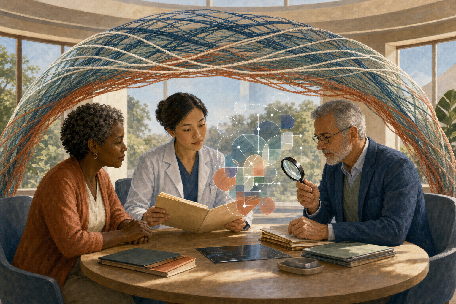 A patient, clinician, and independent reviewer examine an uncertain abstract AI recommendation together in a consultation room.