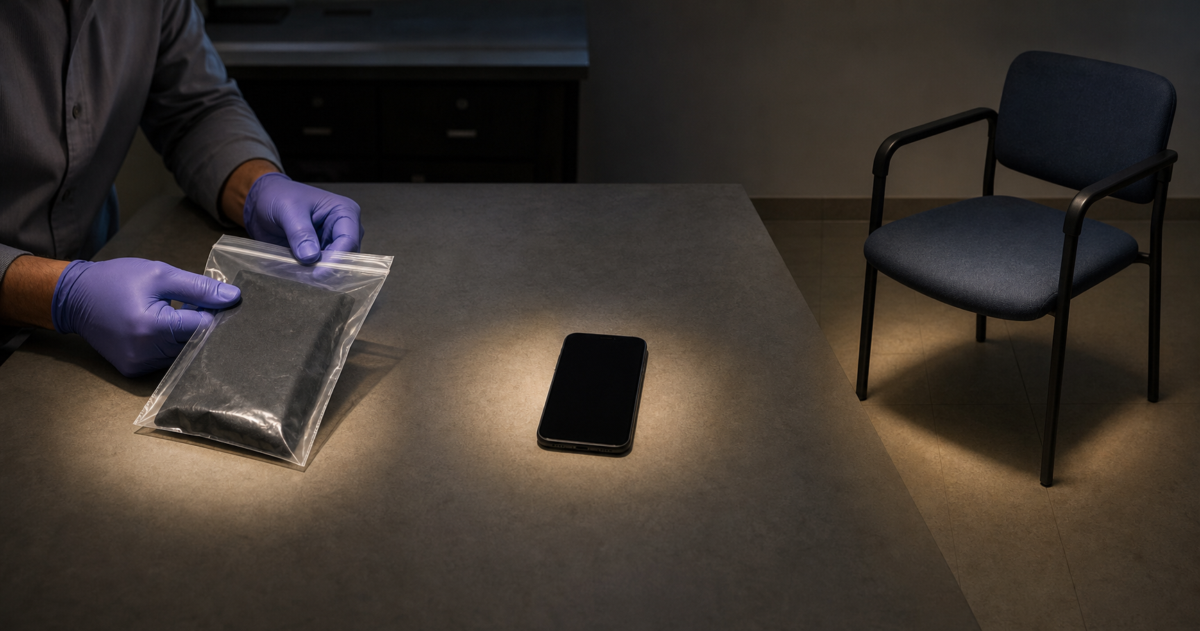 Three separated evidence areas contain a sealed pouch, a blank-screen phone, and a chair for a confidential interview.