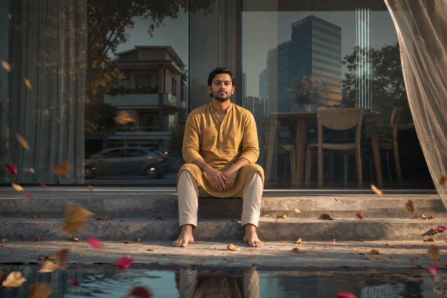 A person sits calmly on a stone step while wind moves leaves, curtains, and flower petals around reflections of a home, office, dining table, and traffic.