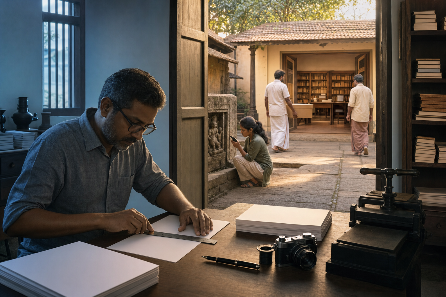 An editor arranges blank proof sheets at a desk while people preserve and document cultural materials in a sunlit courtyard beyond.