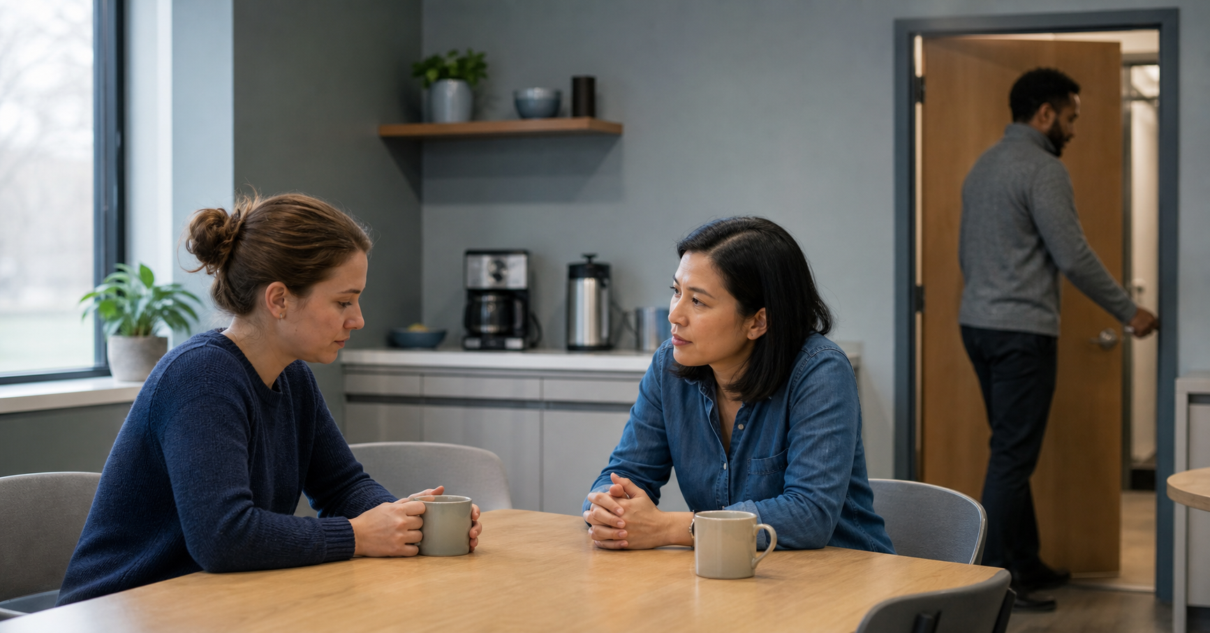 One coworker listens attentively to another in a quiet break room while a third person gives them privacy.