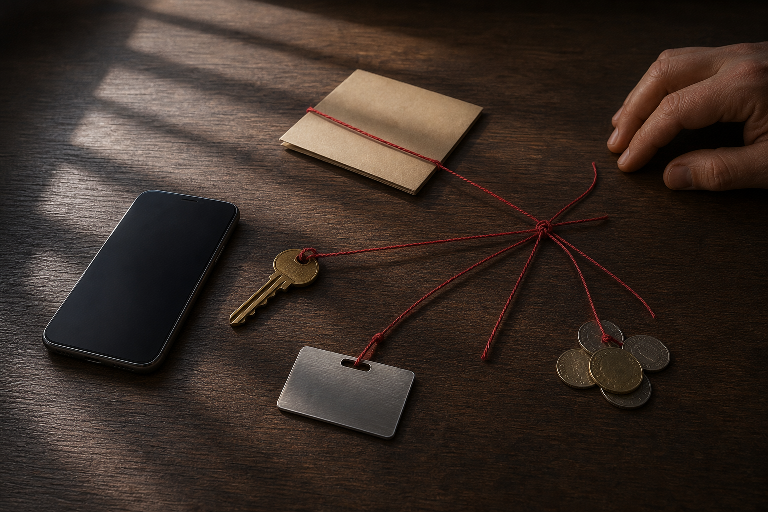 Red threads connect a blank phone, house key, unmarked office badge, coins, and a face-down photograph beside a resting hand.