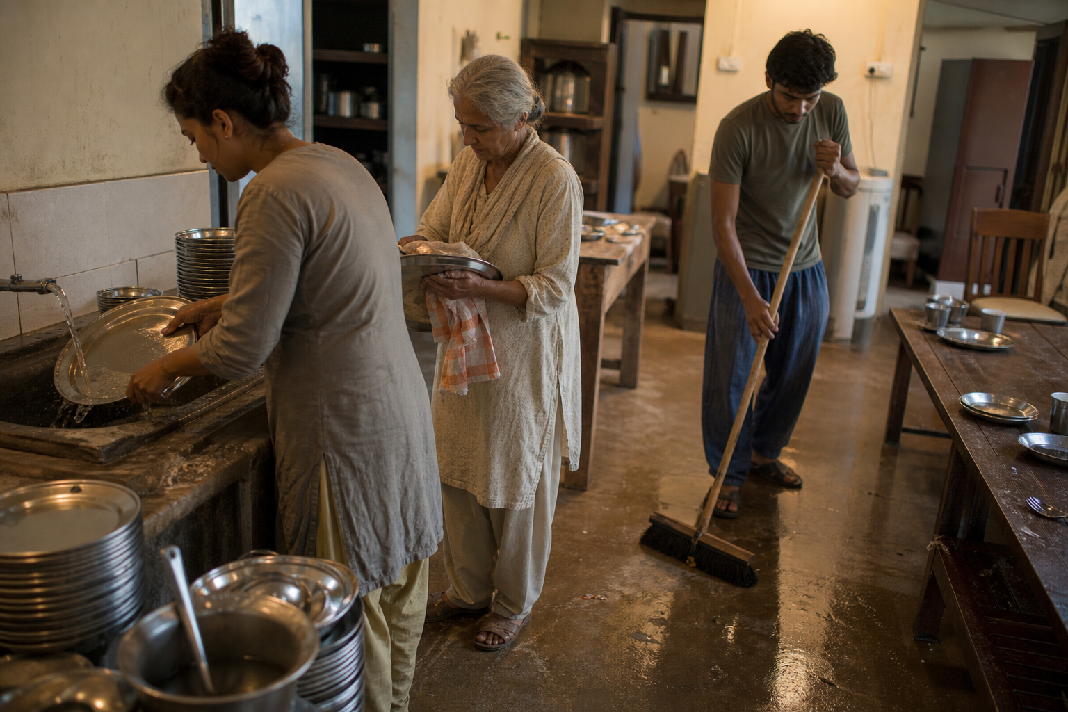 Three volunteers wash dishes and sweep the floor together after a community meal.