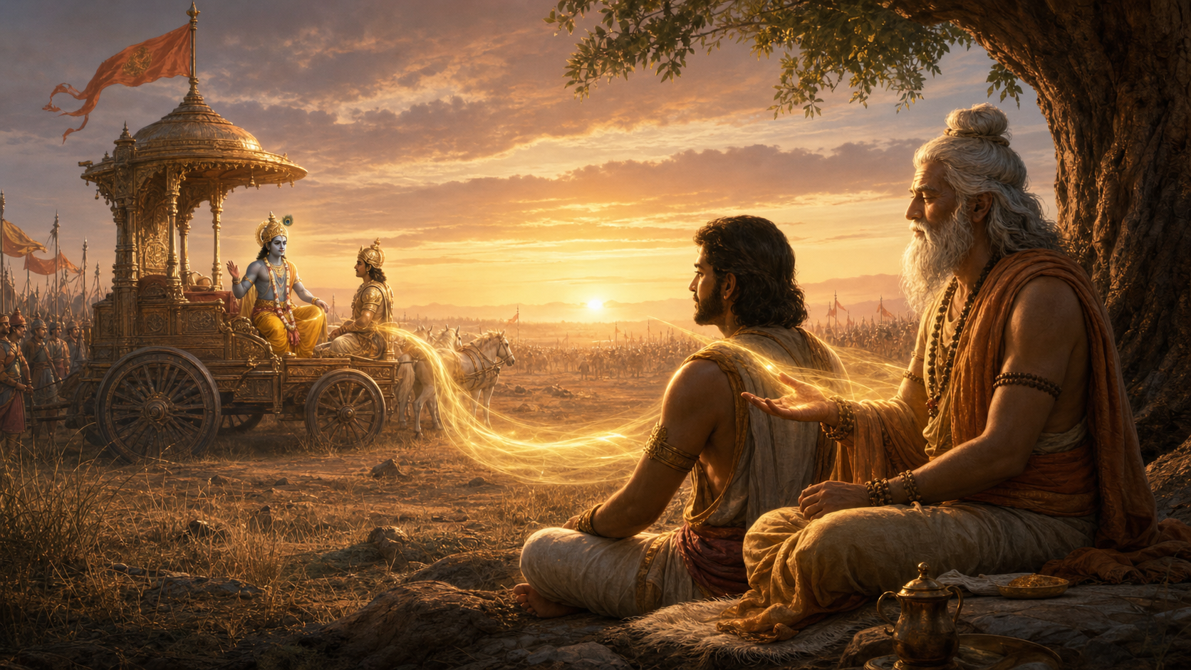 Krishna speaks to Arjuna in a chariot while Sañjaya sits beside Vyāsa in the foreground, with golden light connecting the figures.