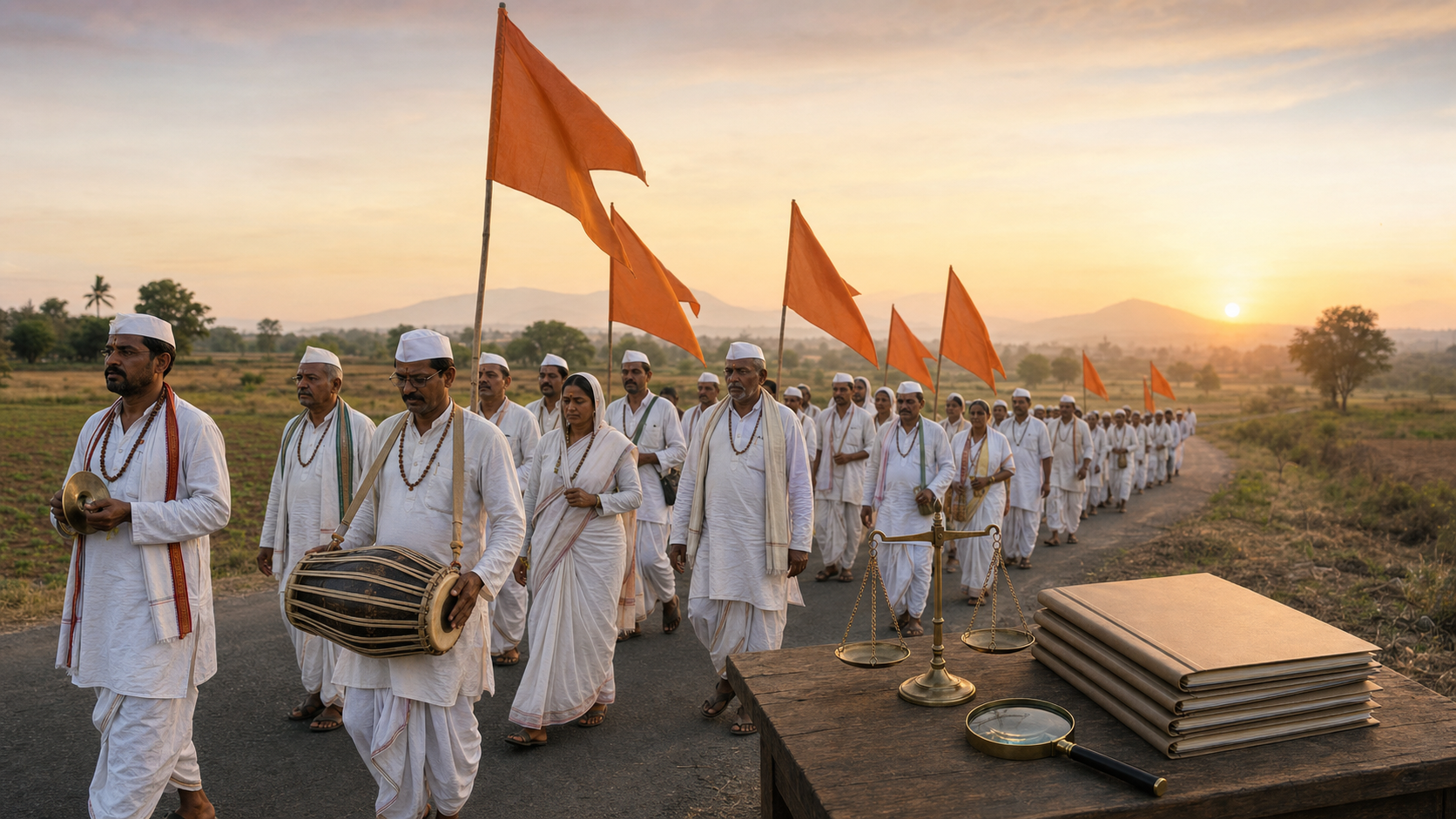 Warkari pilgrims walk along a rural Maharashtra road behind a table holding a balanced scale, magnifying glass, and closed folders.