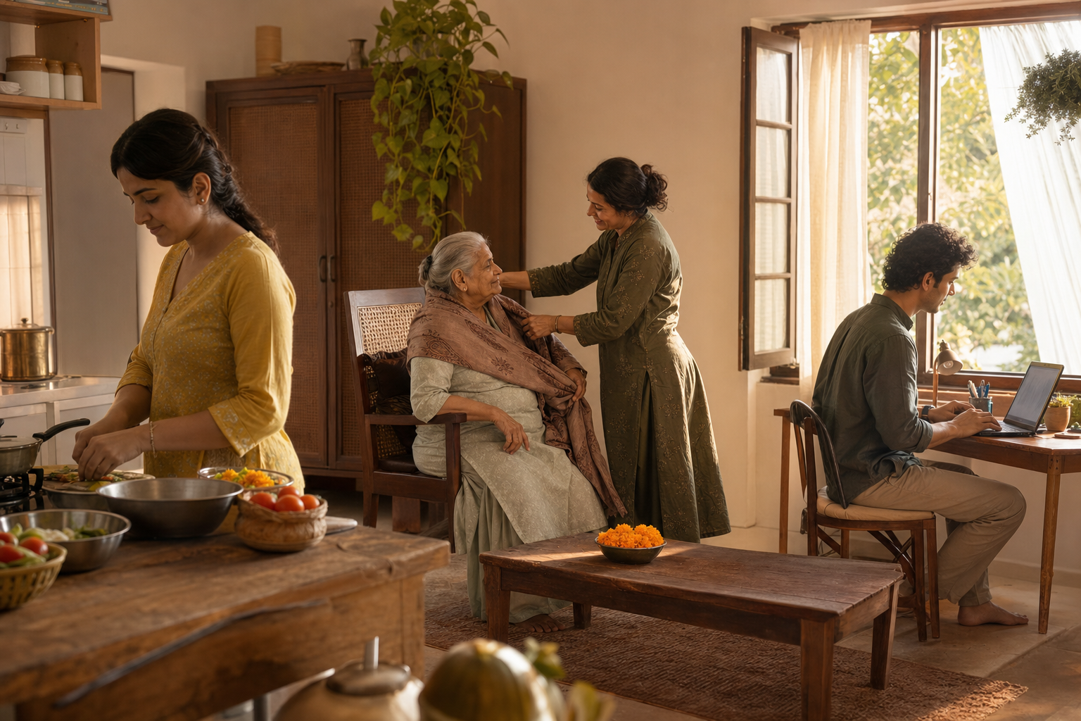 Three adults in a sunlit home cook a meal, assist an older relative, and work at a desk around a shared bowl of marigold petals.