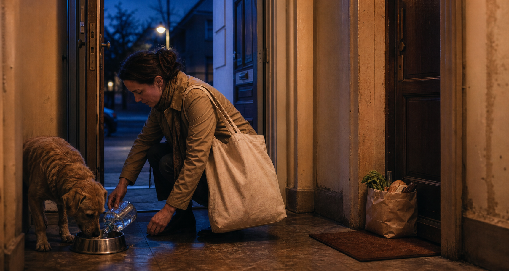 A tired adult fills a dog's water bowl and leaves groceries outside an older neighbor's door in the evening.