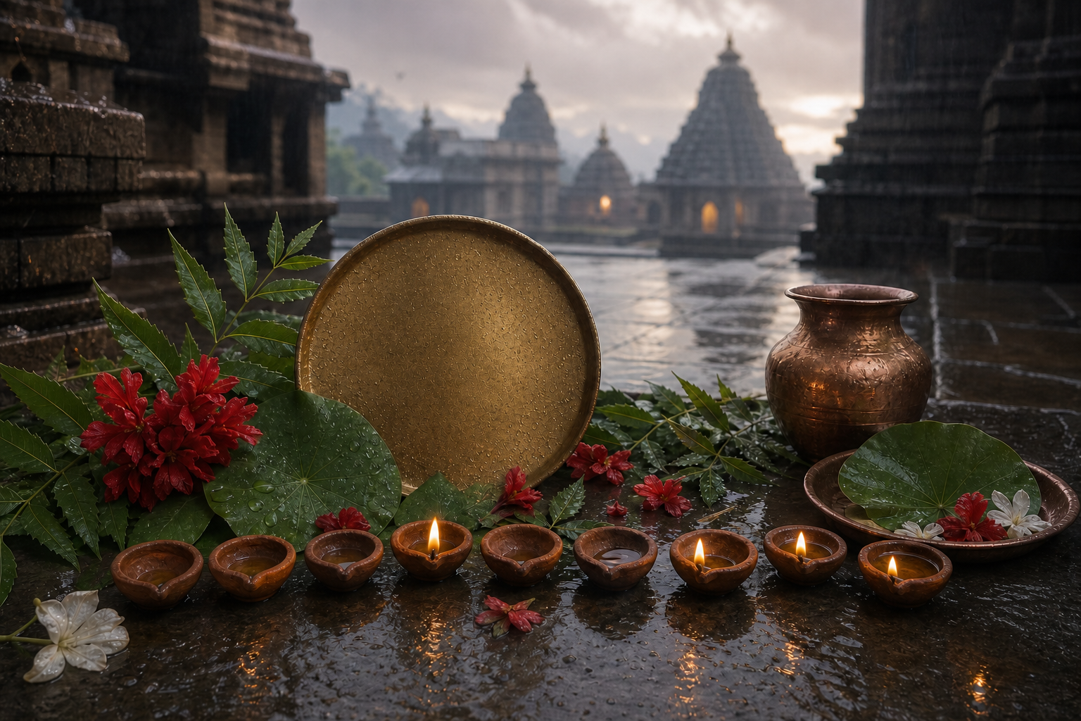 Clay lamps, flowers, leaves and a copper vessel are arranged in a rain-wet temple courtyard with towers visible through monsoon mist.