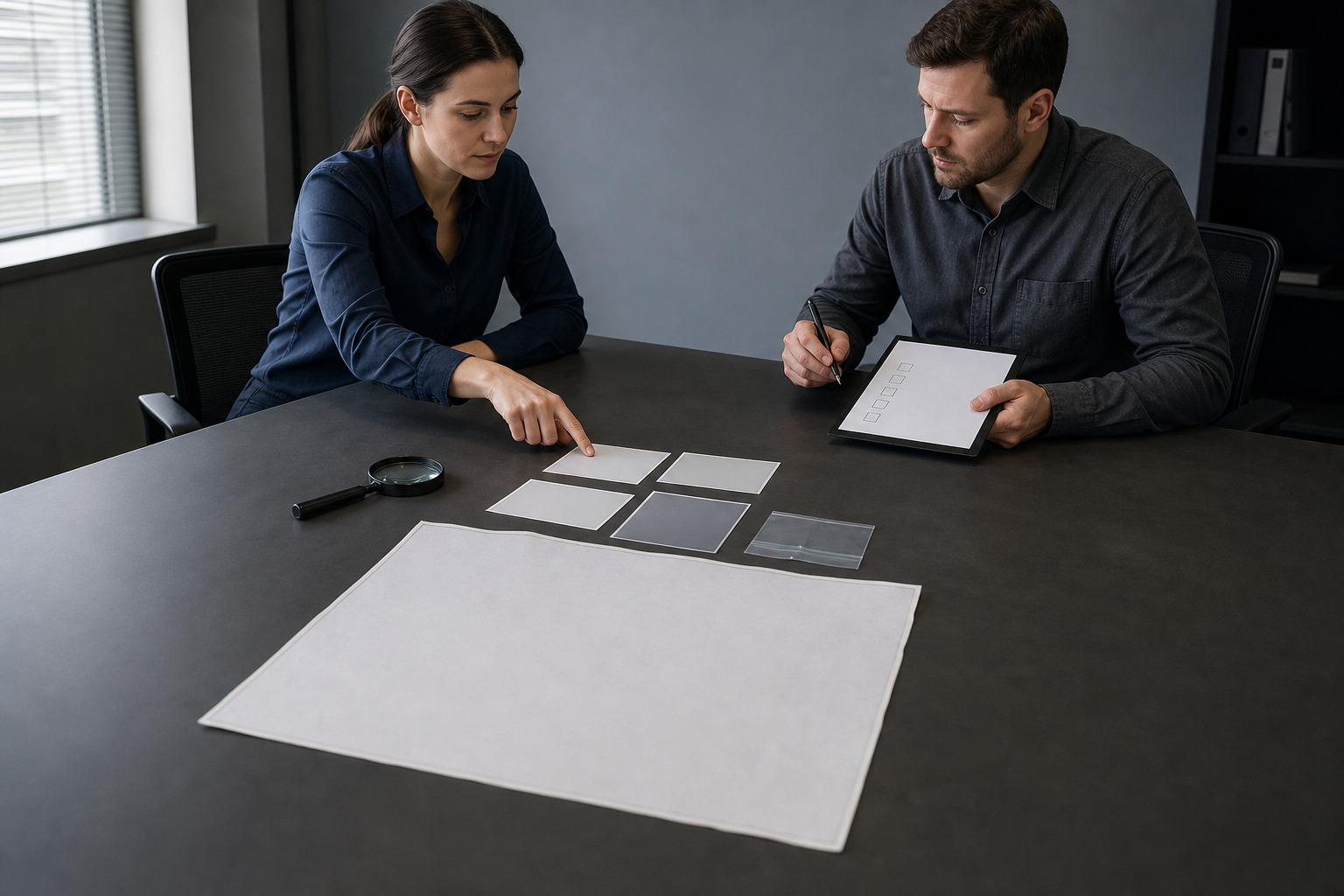 Two analysts methodically examine separated evidence sleeves, blank photographs, a magnifying glass, and an unlabelled map at a table.