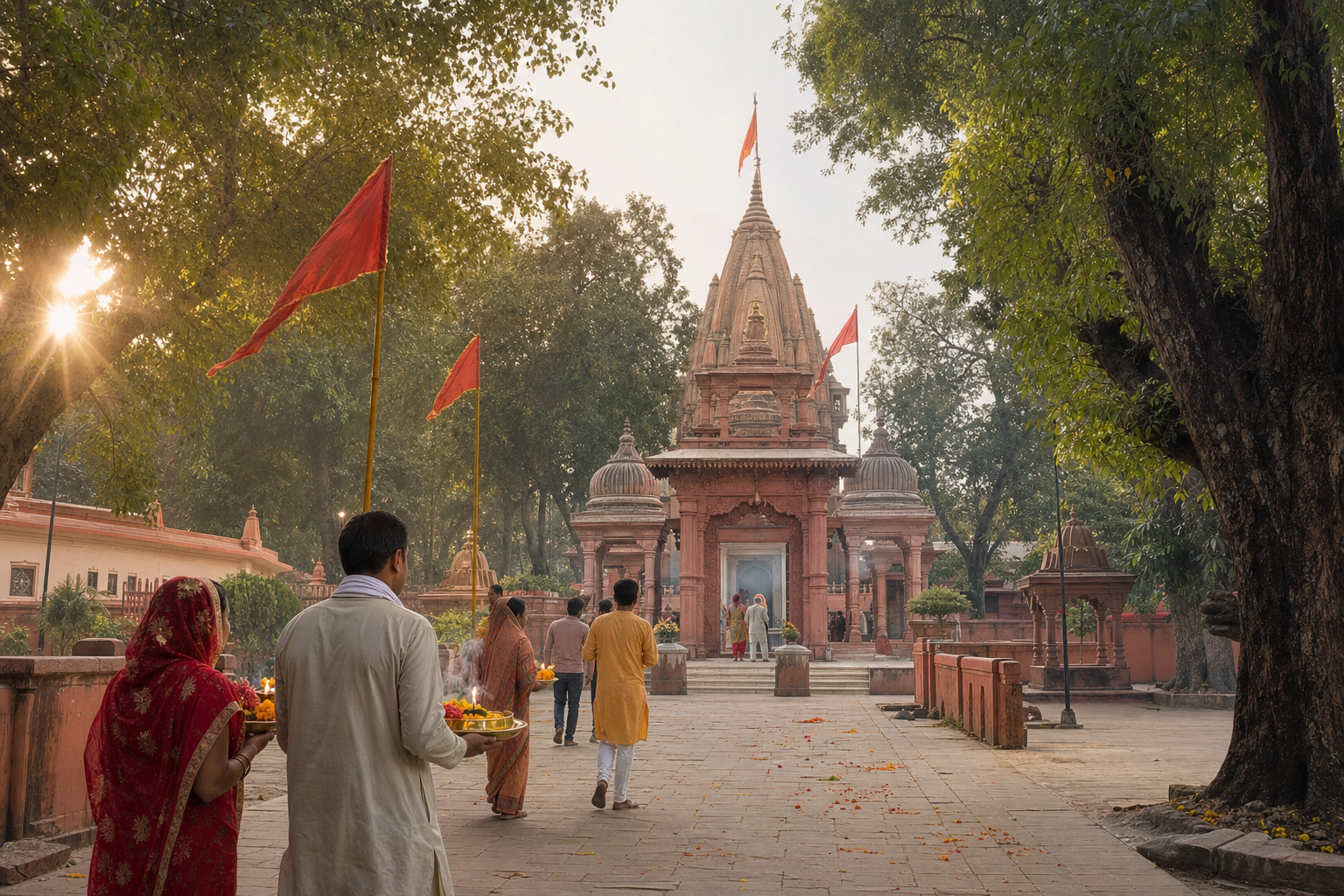 Pilgrims carrying flower offerings approach a forest-framed Hindu temple courtyard in the warm light of early morning.