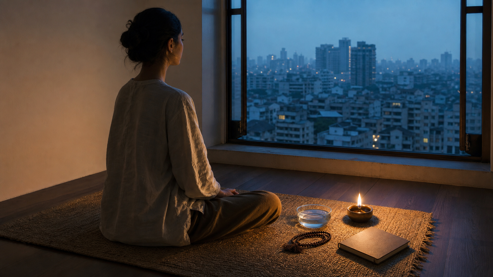 A person meditates on a woven mat at dawn beside an oil lamp, bowl of water, prayer beads, and a closed journal overlooking a city.