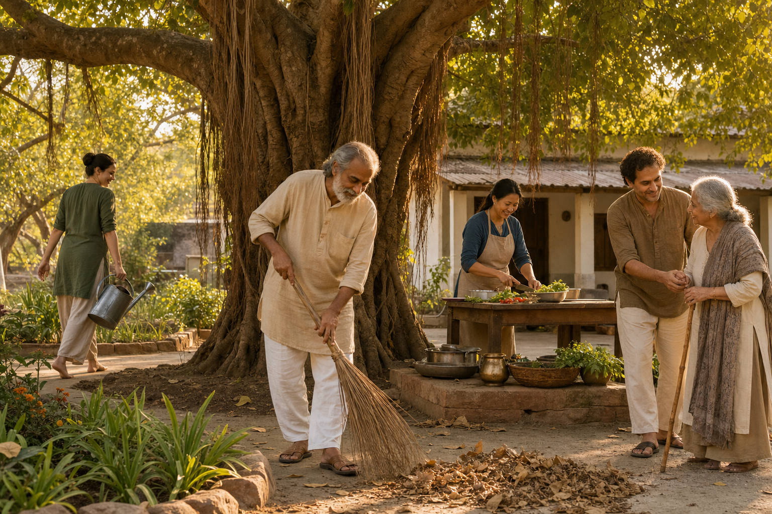 A teacher and adult students perform practical service together in an ashram courtyard after a spiritual discussion.