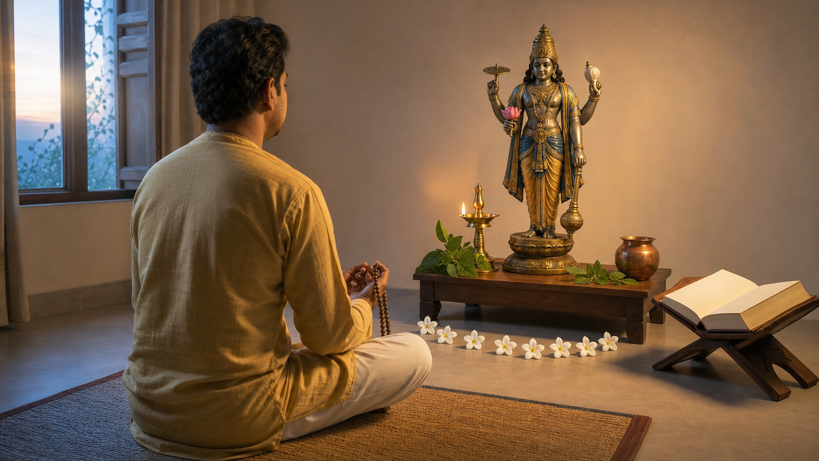 An adult devotee sits with prayer beads before a home Vishnu altar, with a brass lamp, tulsi leaves, and eleven jasmine blossoms at dawn.