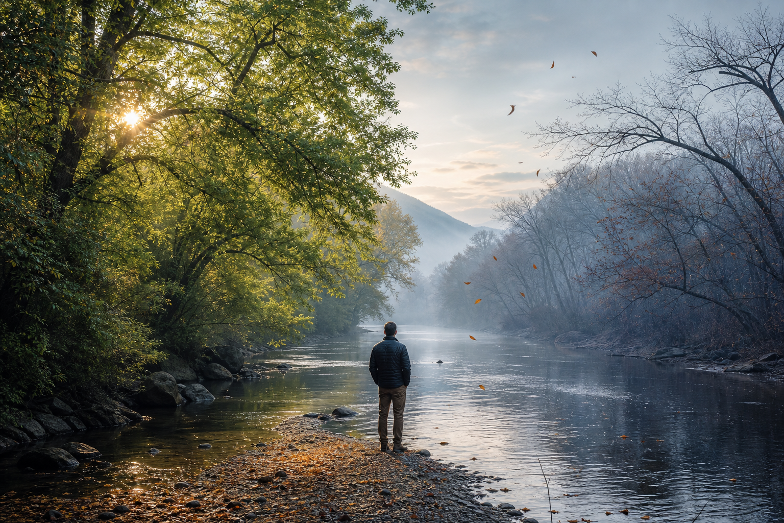 A person stands beside a flowing river between sunlit green trees and bare branches with falling leaves and mist.