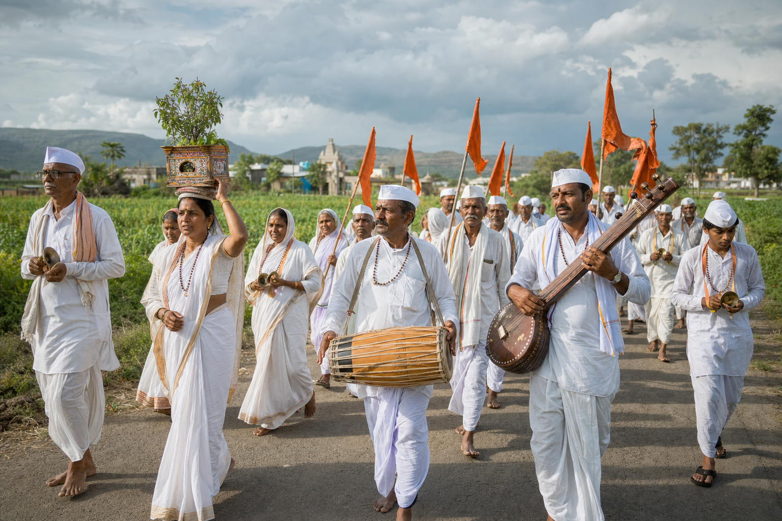 Men and women in a Warkari pilgrimage group walk in formation with plain flags, devotional instruments, and a tulsi planter.