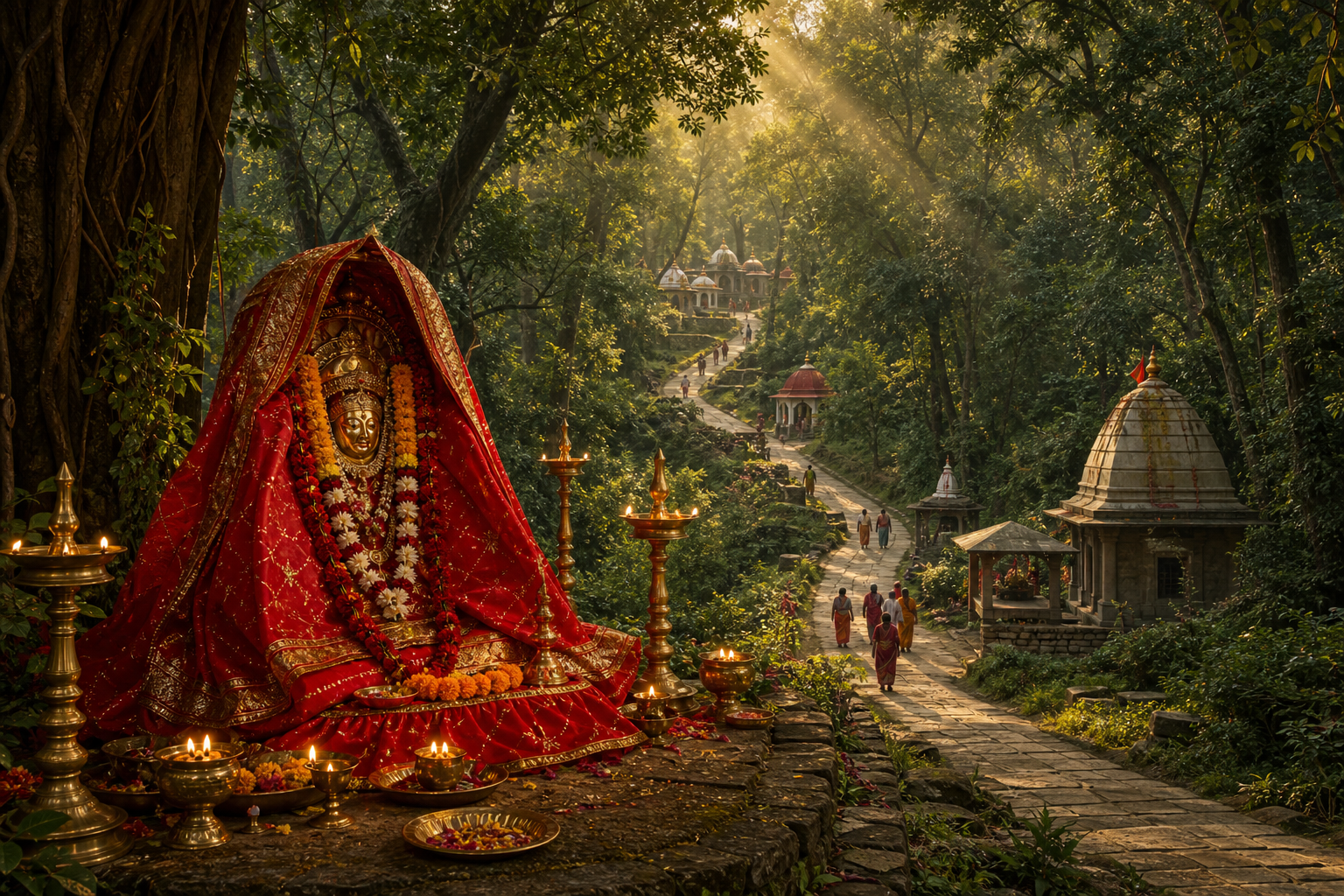 A goddess shrine, an ancient forest, and a winding path between small sacred sites form one layered devotional landscape.