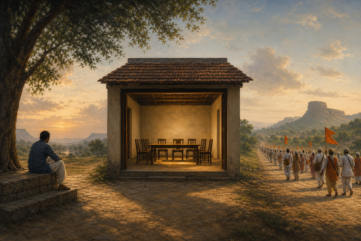 A solitary person, an unoccupied community meeting room, and a distant Warkari procession appear in three separate parts of one landscape.