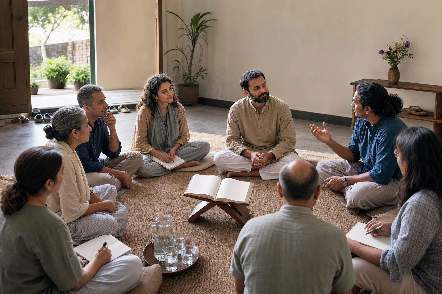 A spiritual teacher listens to a participant while sitting at the same level as a small study circle in a modest hall.