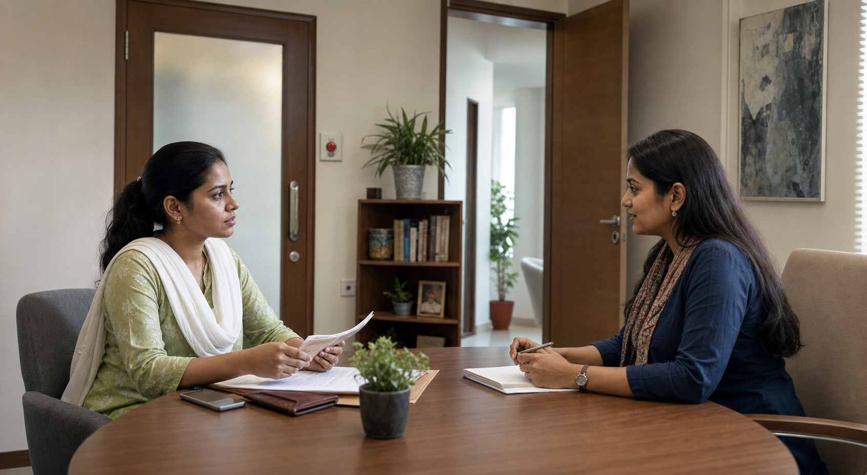 An adult woman speaks privately with a female counselor in a secure consultation room with a closed frosted-glass door.