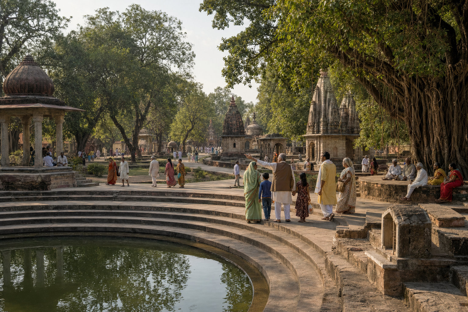 Pilgrims walk between a circular stepped water tank, tree-shaded paths, and several small temple structures in a sacred landscape.